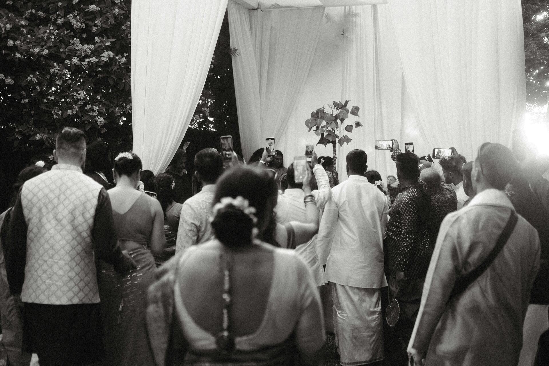 Guests gathered under white drapes during a wedding ceremony, photographed by Lumera Studio