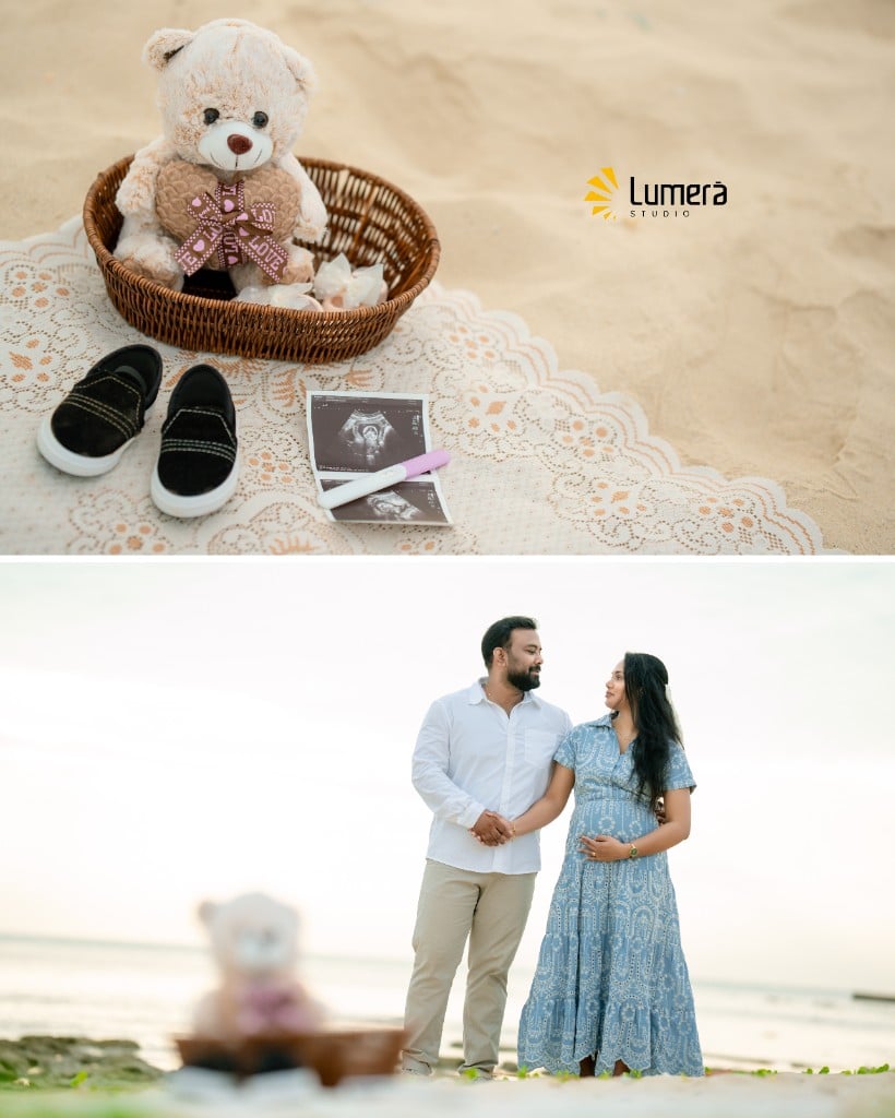 Expecting couple during a maternity portrait session by the Jaffna seaside, photographed by Lumera Studio.