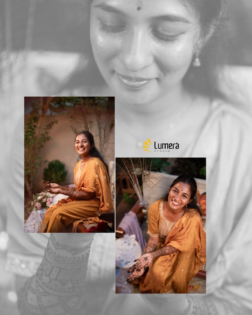 Bride smiling during her Mehendi function at her home in Nallur, Jaffna, photographed by Lumera Studio.