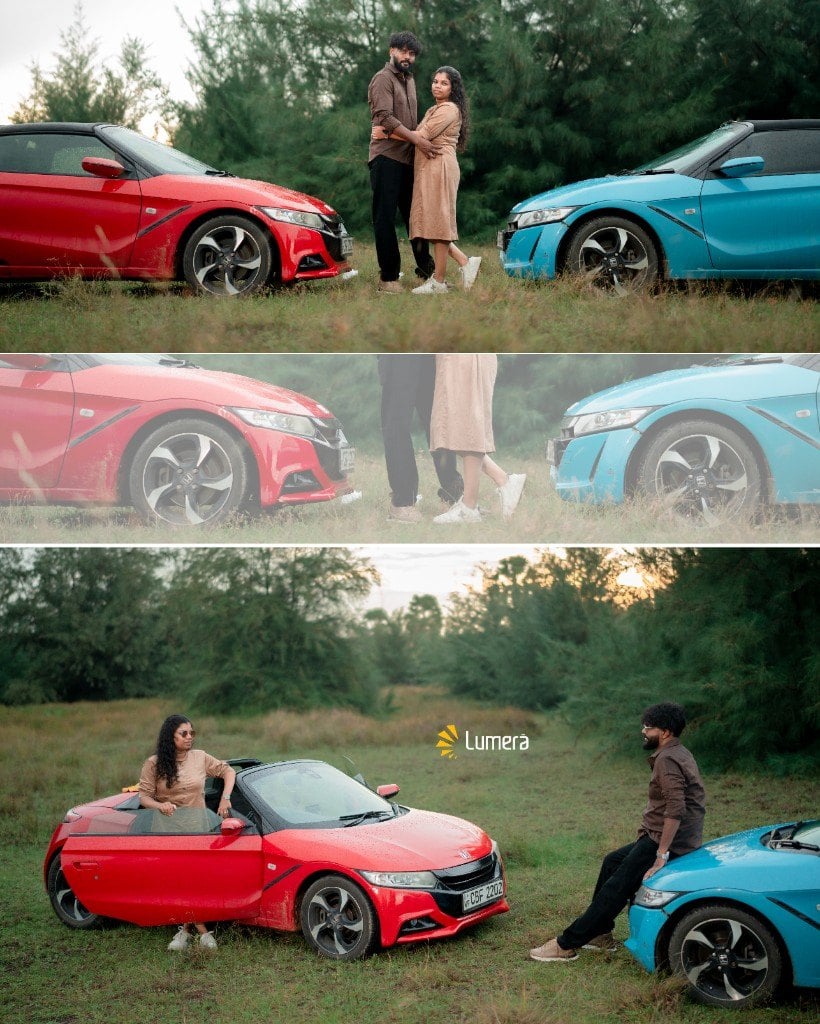 Pio and Leema during their Save the Date couple photoshoot with two colourful cars in the green outdoors of Jaffna, photographed by Lumera Studio.