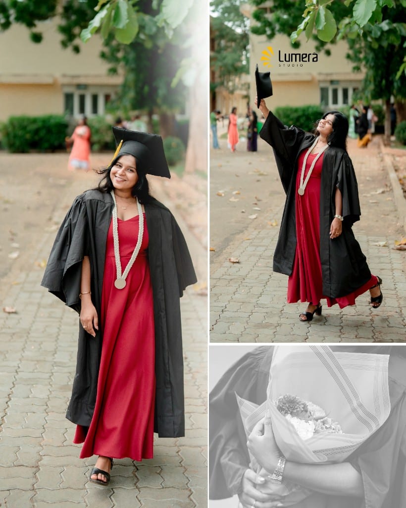 Convocation portraits at the University of Jaffna: a graduate in a black gown and red dress with a medal, one frame with the cap raised, and flowers held in the gown.