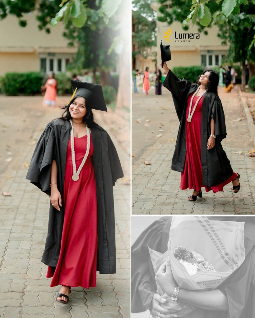Convocation portraits at the University of Jaffna: a graduate in a black gown and red dress with a medal, one frame with the cap raised, and flowers held in the gown.